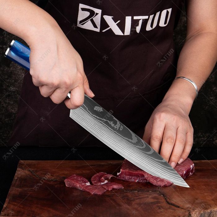 Kitchen Knives Set, Japanese Knives, Blue Resin Handle, Damascus Chef Knife, Santoku, Cleaver Slicing Knives