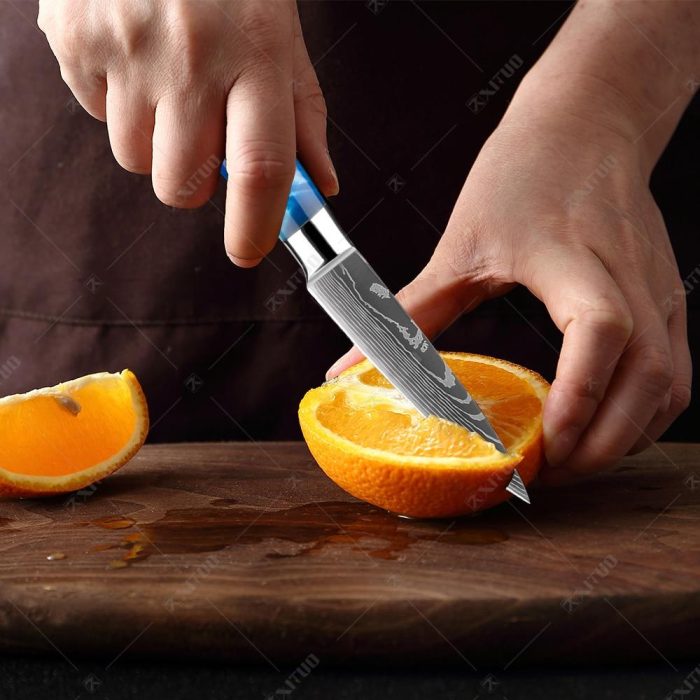 Kitchen Knives Set, Japanese Knives, Blue Resin Handle, Damascus Chef Knife, Santoku, Cleaver Slicing Knives