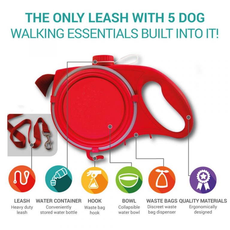 Multi-Functional Dog Leash With Water Bottle Bowl & Waste Bag Dispenser