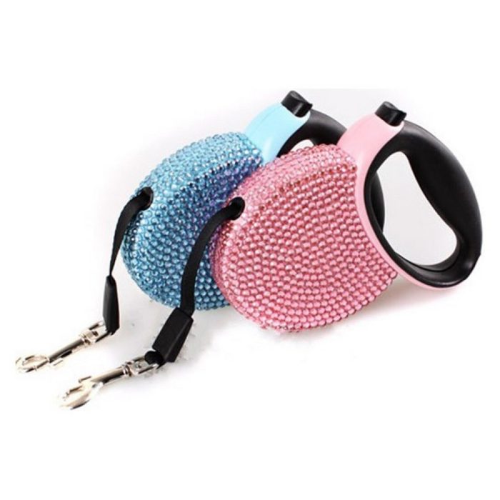 Rhinestone Retractable Dog Leash Bling, Cat Walking Leash Pink for Small Breed, 360° Tangle-Free