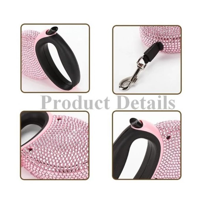 Rhinestone Retractable Dog Leash Bling, Cat Walking Leash Pink for Small Breed, 360° Tangle-Free