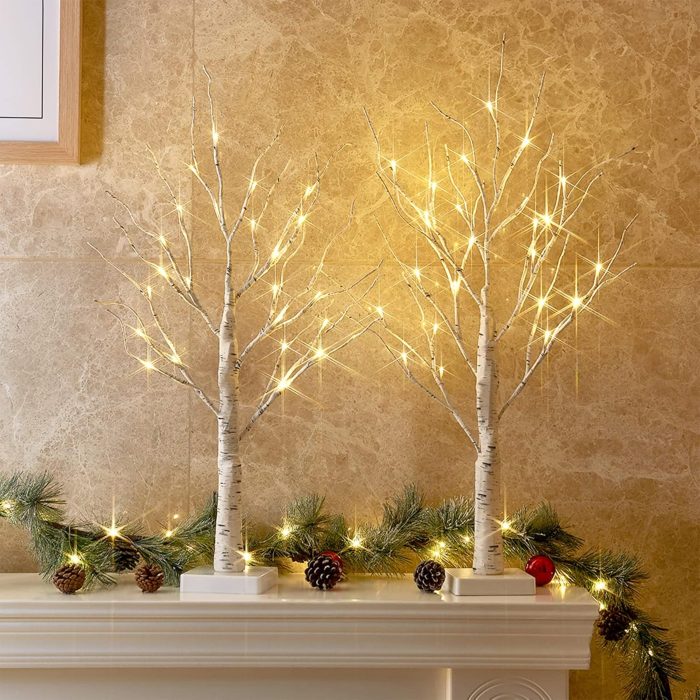 Lighted White Birch Tree for Christmas Decor, Table Decorations Indoor, 24 LED Tabletop Mini Artificial White Trees
