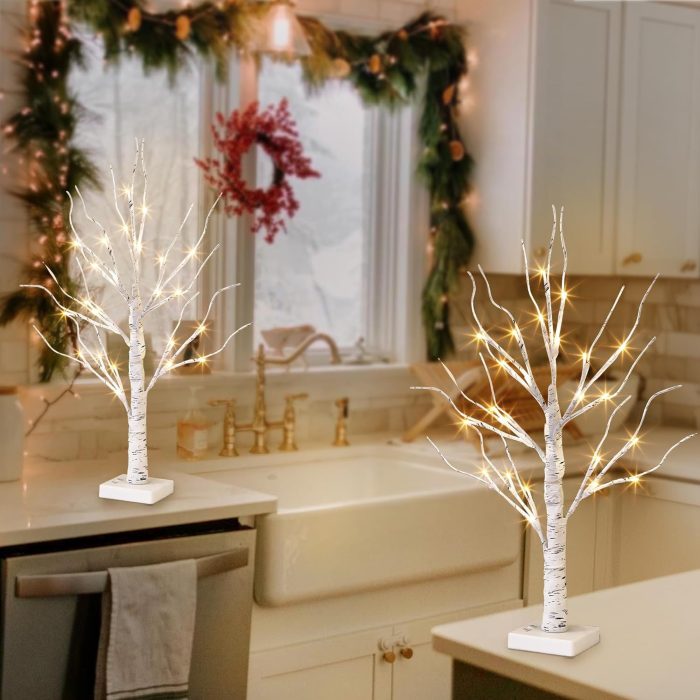 Lighted White Birch Tree for Christmas Decor, Table Decorations Indoor, 24 LED Tabletop Mini Artificial White Trees