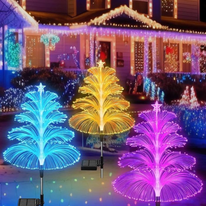 Solar Christmas Tree Lights Decorations Outdoor Waterproof 5 Layer Optical Fiber 7 Color Changing for Yard Pathway Outside
