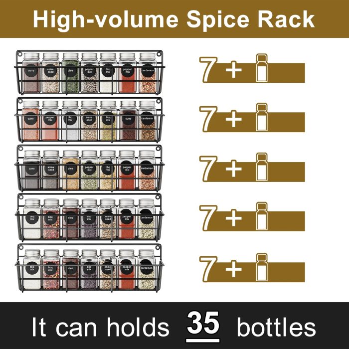 5PCS Wall Mounted Spice Rack Black Iron Kitchen Shelf